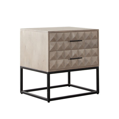Zoe End Table Nightstand, Ash Gray Carved Fronts, Black Metal Base