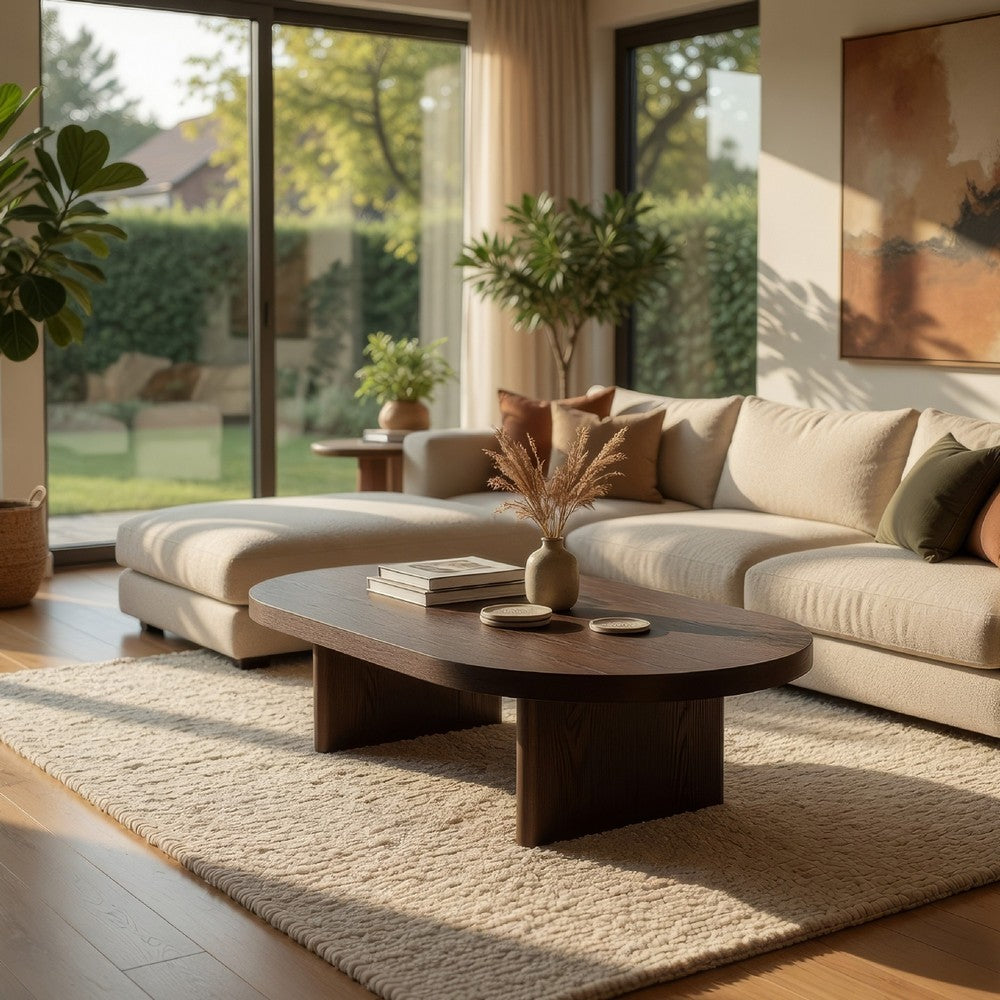 Peny Coffee Table, 47 Inch Oval Top with / Panel Legs in Dark Oak Brown