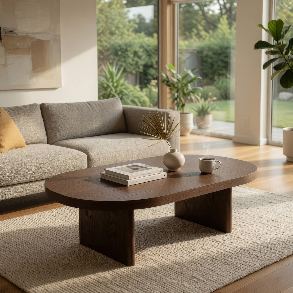 Peny Coffee Table, 47 Inch Oval Top with / Panel Legs in Dark Oak Brown