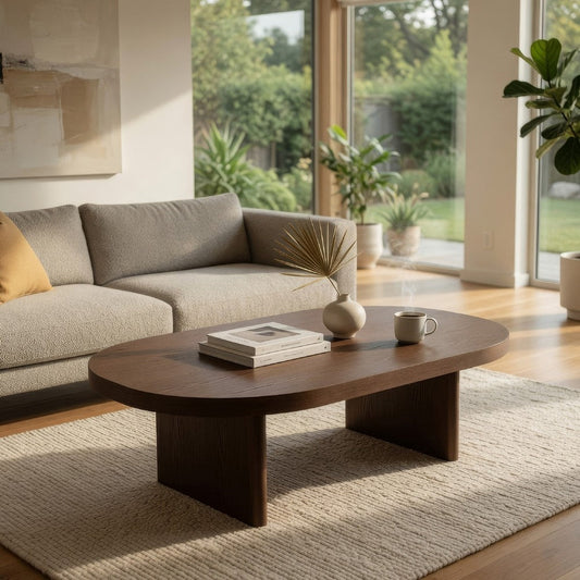 Peny Coffee Table, 47 Inch Oval Top with / Panel Legs in Dark Oak Brown