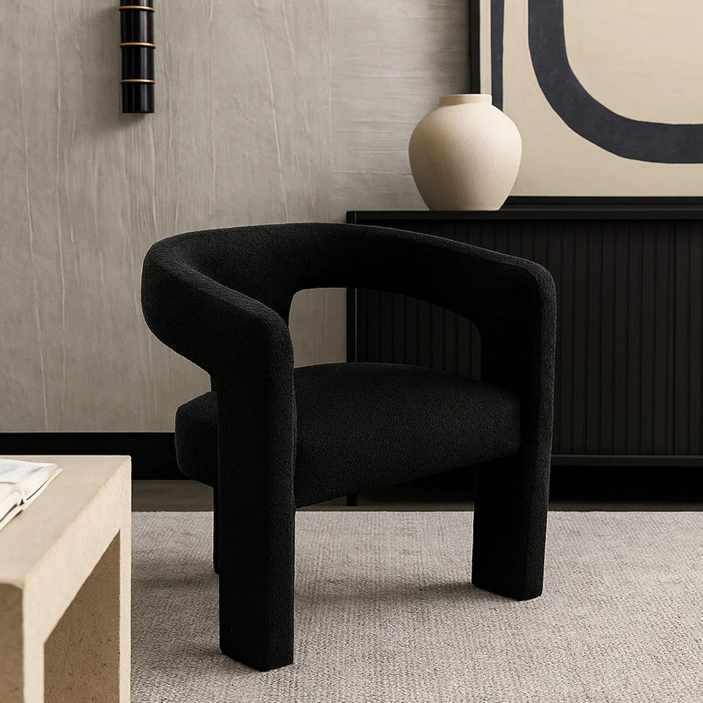 Gely Dining Accent Chair, Open Curved Back w Tripod Base, Black Boucle