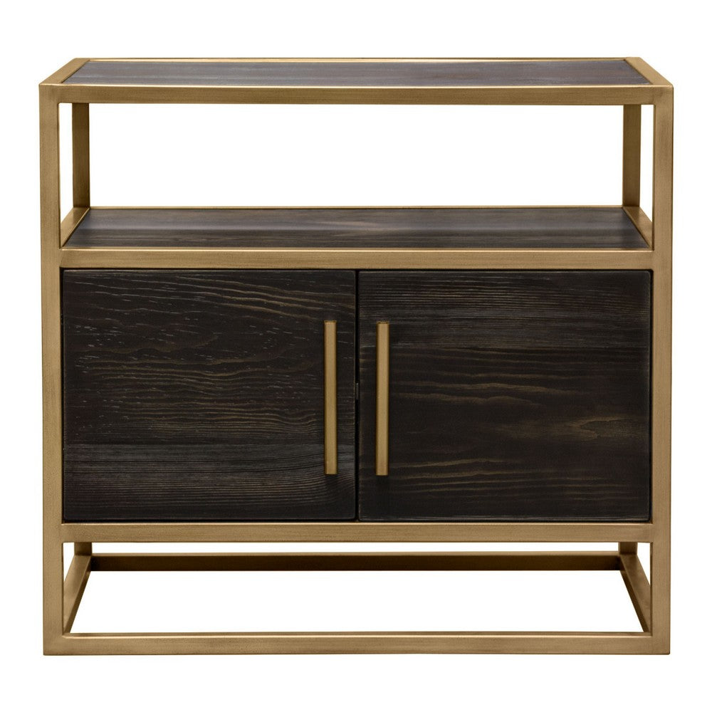Chek 26 Inch Side Table Nightstand, 2 Doors, 1 Shelf,  Dark Brown, Gold Steel