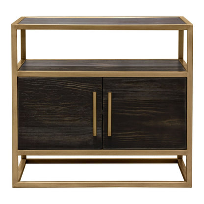 Chek 26 Inch Side Table Nightstand, 2 Doors, 1 Shelf,  Dark Brown, Gold Steel