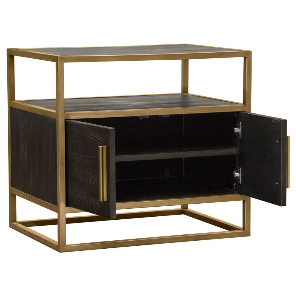 Chek 26 Inch Side Table Nightstand, 2 Doors, 1 Shelf,  Dark Brown, Gold Steel