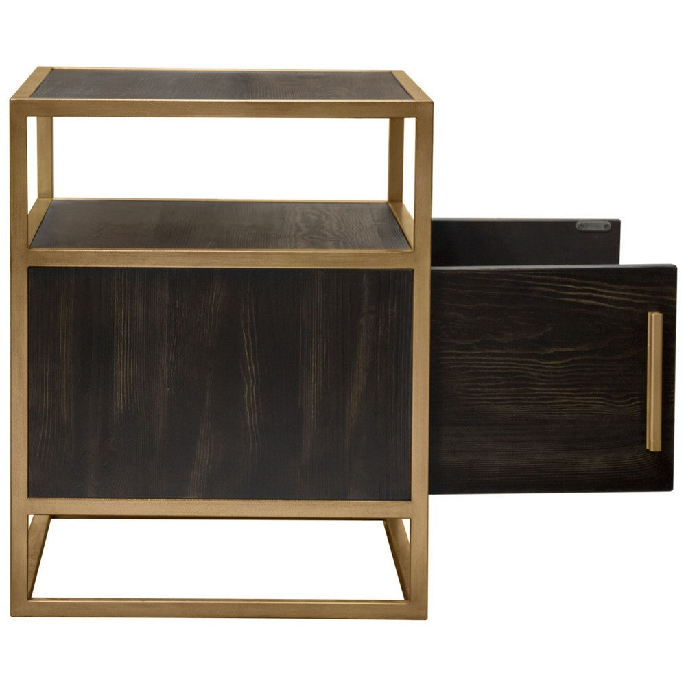 Chek 26 Inch Side Table Nightstand, 2 Doors, 1 Shelf,  Dark Brown, Gold Steel