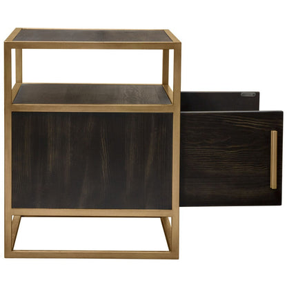 Chek 26 Inch Side Table Nightstand, 2 Doors, 1 Shelf,  Dark Brown, Gold Steel