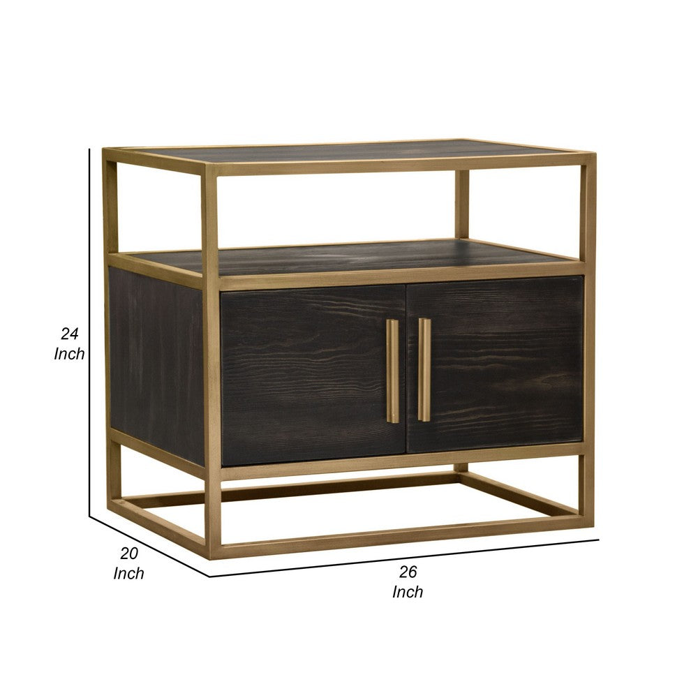 Chek 26 Inch Side Table Nightstand, 2 Doors, 1 Shelf,  Dark Brown, Gold Steel