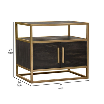 Chek 26 Inch Side Table Nightstand, 2 Doors, 1 Shelf,  Dark Brown, Gold Steel