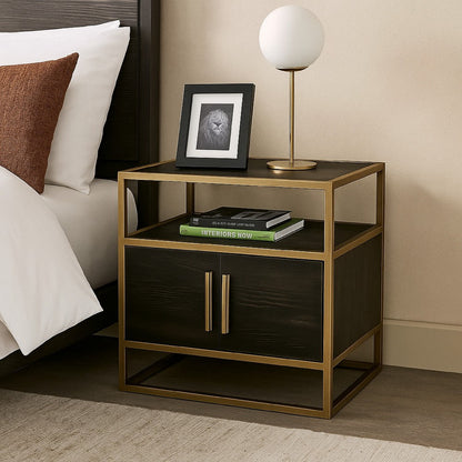 Chek 26 Inch Side Table Nightstand, 2 Doors, 1 Shelf,  Dark Brown, Gold Steel