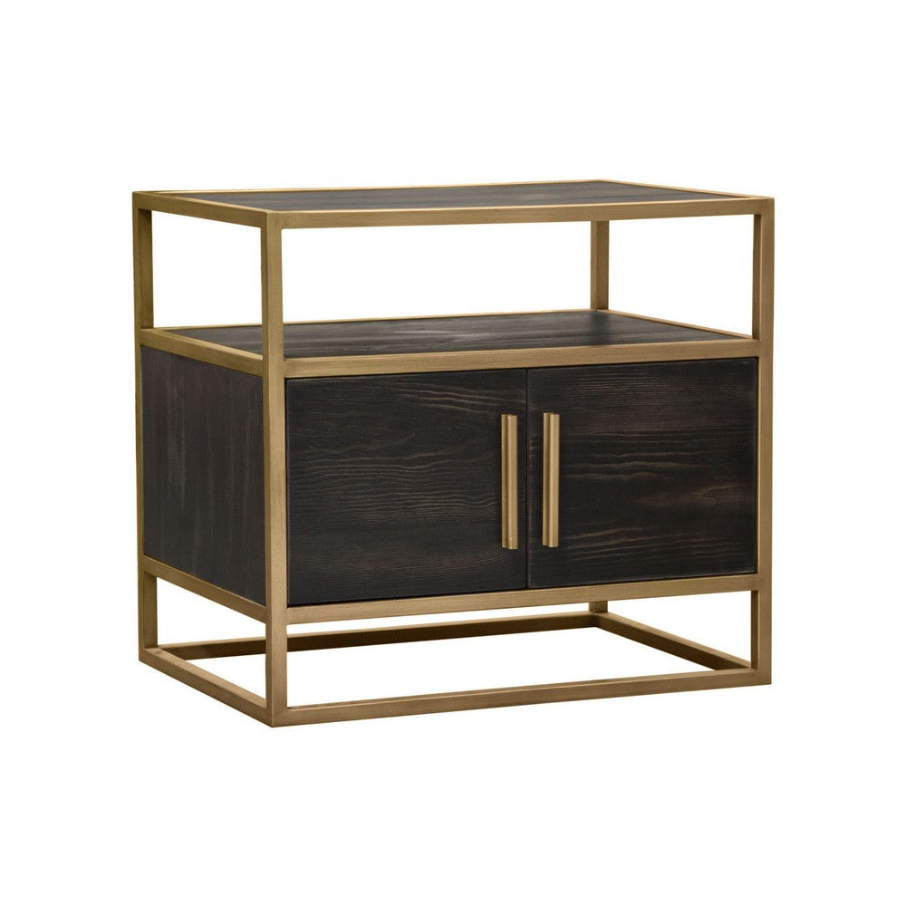 Chek 26 Inch Side Table Nightstand, 2 Doors, 1 Shelf,  Dark Brown, Gold Steel