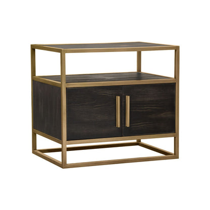 Chek 26 Inch Side Table Nightstand, 2 Doors, 1 Shelf,  Dark Brown, Gold Steel