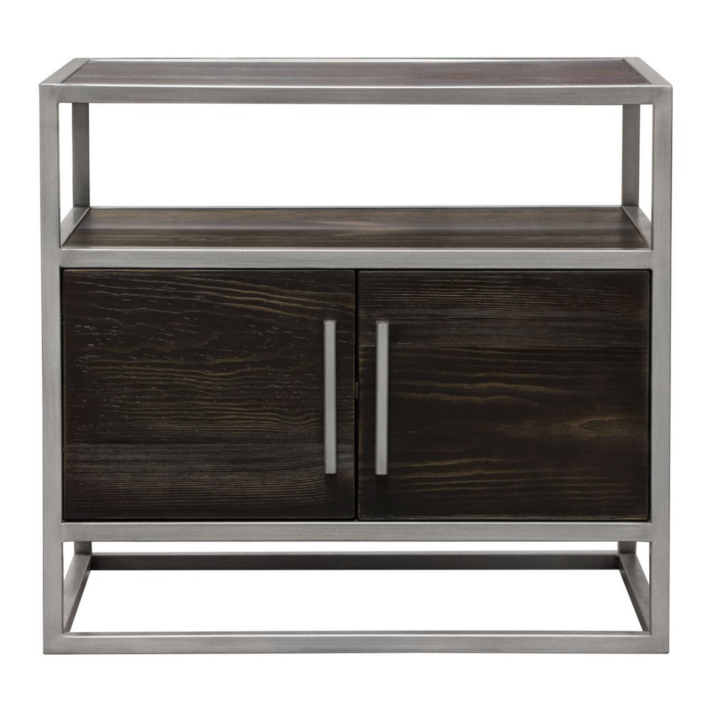 Chek 26 Inch Side Table Nightstand, 2 Doors, 1 Shelf,  Dark Brown, Silver Steel