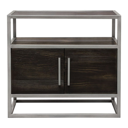 Chek 26 Inch Side Table Nightstand, 2 Doors, 1 Shelf,  Dark Brown, Silver Steel