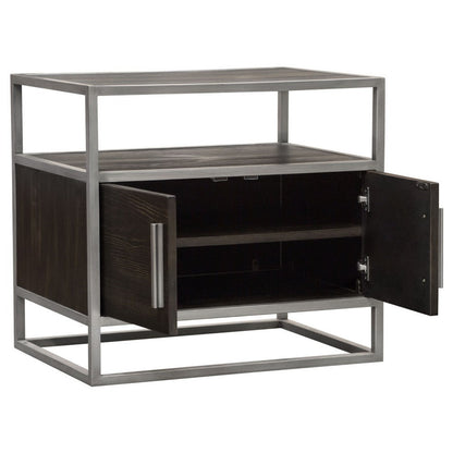 Chek 26 Inch Side Table Nightstand, 2 Doors, 1 Shelf,  Dark Brown, Silver Steel
