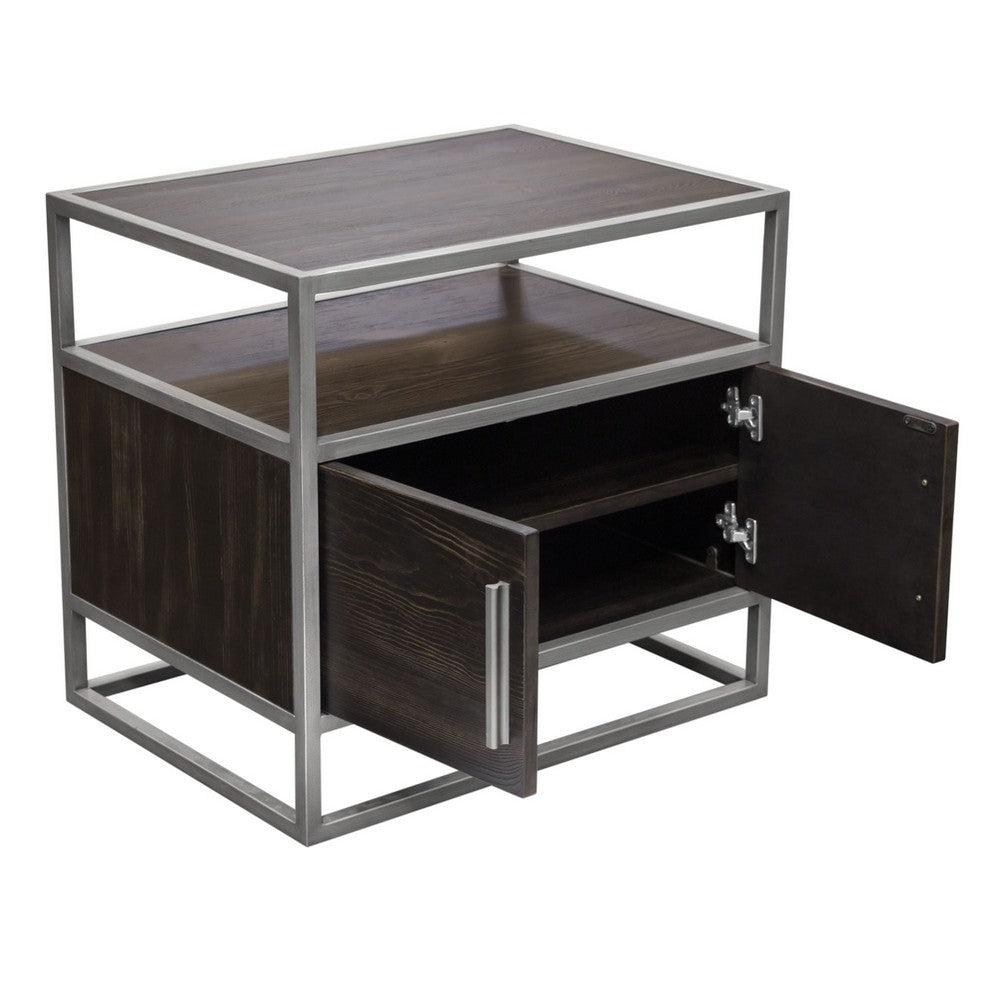Chek 26 Inch Side Table Nightstand, 2 Doors, 1 Shelf,  Dark Brown, Silver Steel