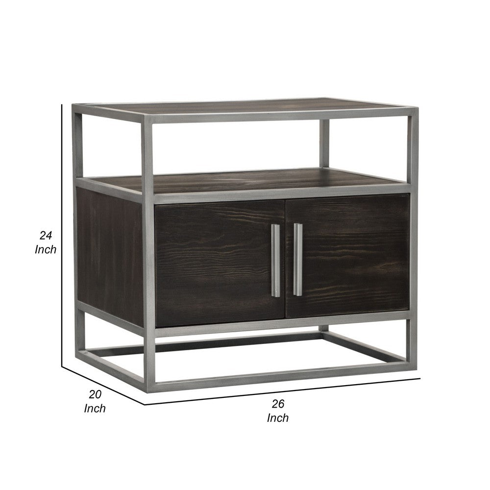 Chek 26 Inch Side Table Nightstand, 2 Doors, 1 Shelf,  Dark Brown, Silver Steel