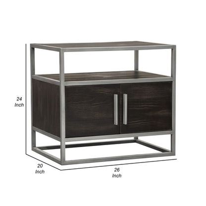 Chek 26 Inch Side Table Nightstand, 2 Doors, 1 Shelf,  Dark Brown, Silver Steel