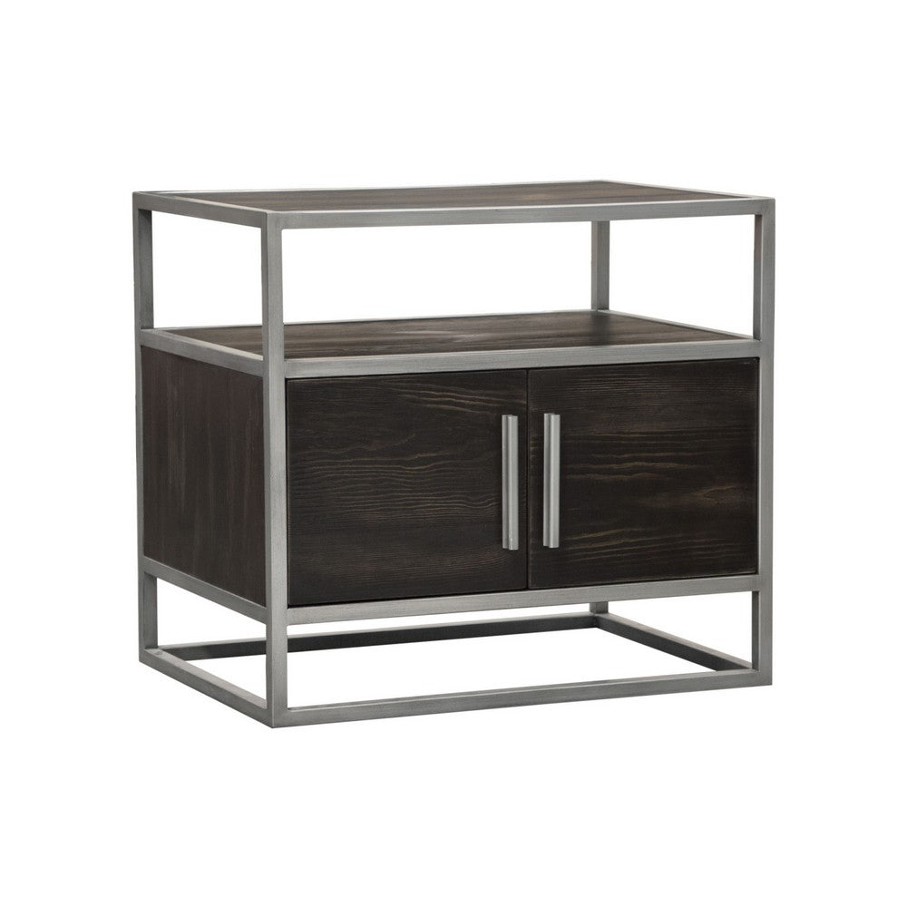 Chek 26 Inch Side Table Nightstand, 2 Doors, 1 Shelf,  Dark Brown, Silver Steel