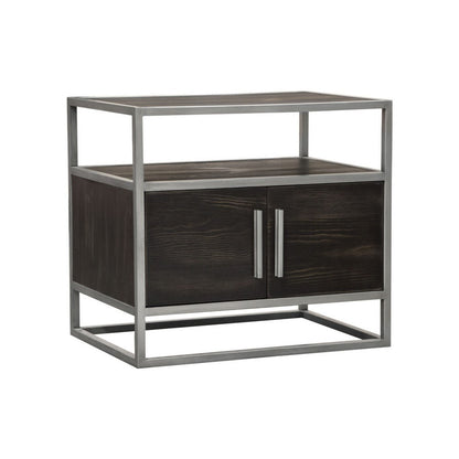 Chek 26 Inch Side Table Nightstand, 2 Doors, 1 Shelf,  Dark Brown, Silver Steel