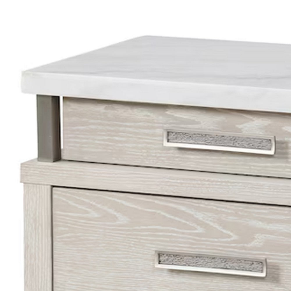 Loji Nightstand, 3 Drawers, White Marble Top, Weathered Gray, 29 Inch