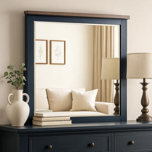 Tela 36 Inch Dresser Mirror, Blue Pinewood Frame, Dark Brown Top