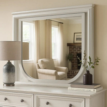 Dima Dresser Mirror, 38 Inch, White Rubberwood, Embossed Panels w LED