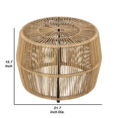Zyan Outdoor Coffee Table, 22 Inch Natural Brown Rattan Wicker, Steel Frame