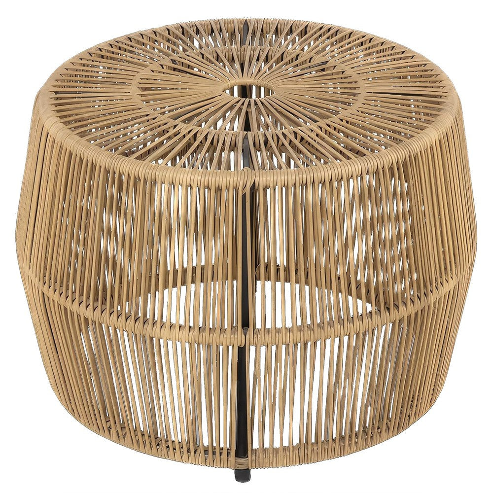 Zyan Outdoor Coffee Table, 22 Inch Natural Brown Rattan Wicker, Steel Frame