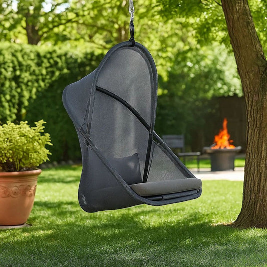 Cery Outdoor Hanging Swing Chair, Cushioned Dark Gray Mesh