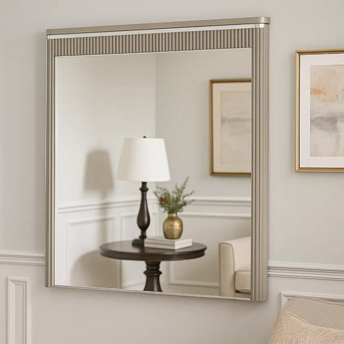 Gema Dresser Mirror, 38 Inch Light Gray Wood, Reeded Design, Silver Accents