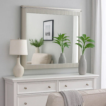 Alda Dresser Mirror, Rectangular Gray Reeded Wood, Silver Trim, 38x40