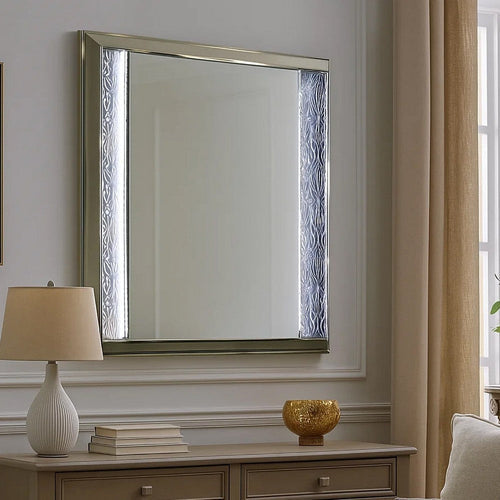 Levi Dresser Mirror, 38 Inch, Leaf Pattern Molding w LED, Dark Gray Wood