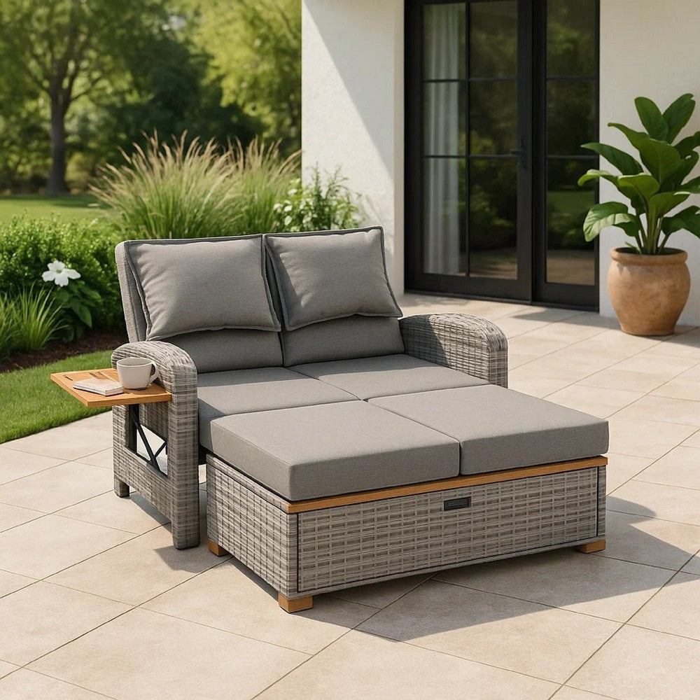 Timy Outdoor Reclining Chaise Lounge Set w Storage Bench, Pillows, Gray
