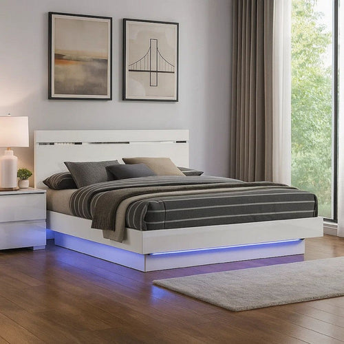 Pero King Size Bed w Silver Trimmed Headboard, LED Footboard, White