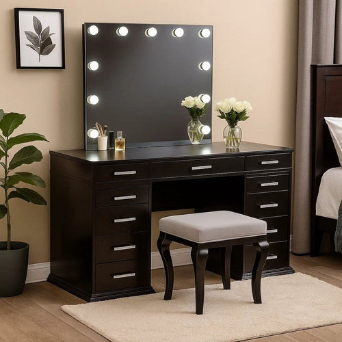 Jexo 3pc Cherry Vanity Table Set with LED Mirror, 3 Drawer, Gray Padded Stool