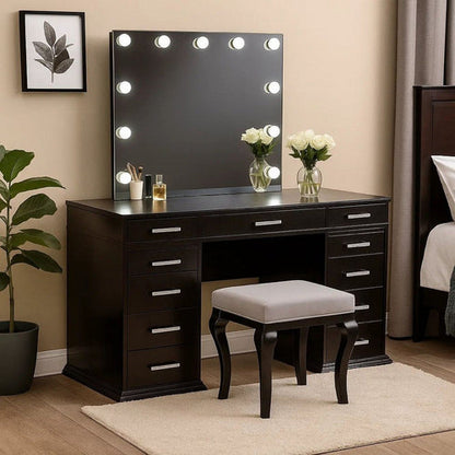 Jexo 3pc Cherry Vanity Table Set with LED Mirror, 3 Drawer, Gray Padded Stool