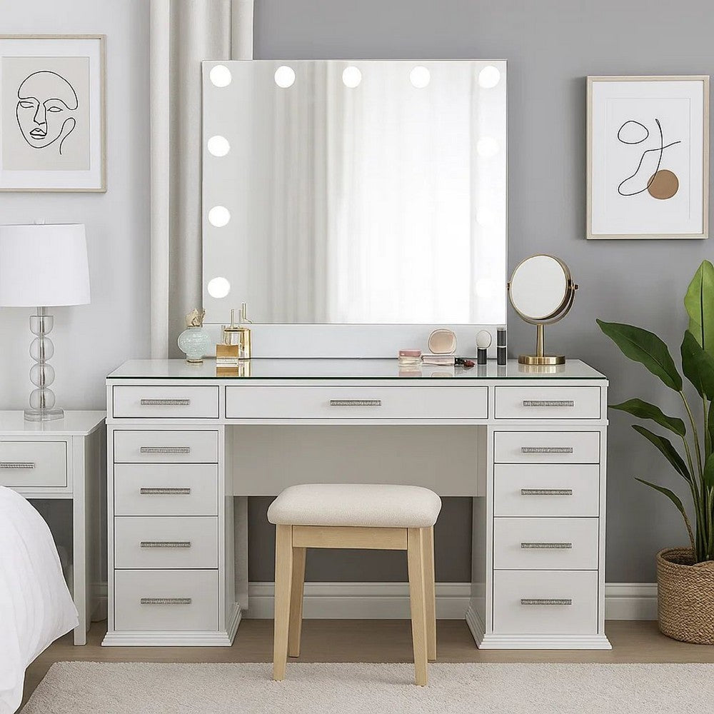 Vaz 3pc LED Mirror Vanity Table Set, Glass Top, Padded Stool, White
