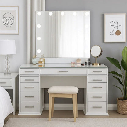 Vaz 3pc LED Mirror Vanity Table Set, Glass Top, Padded Stool, White