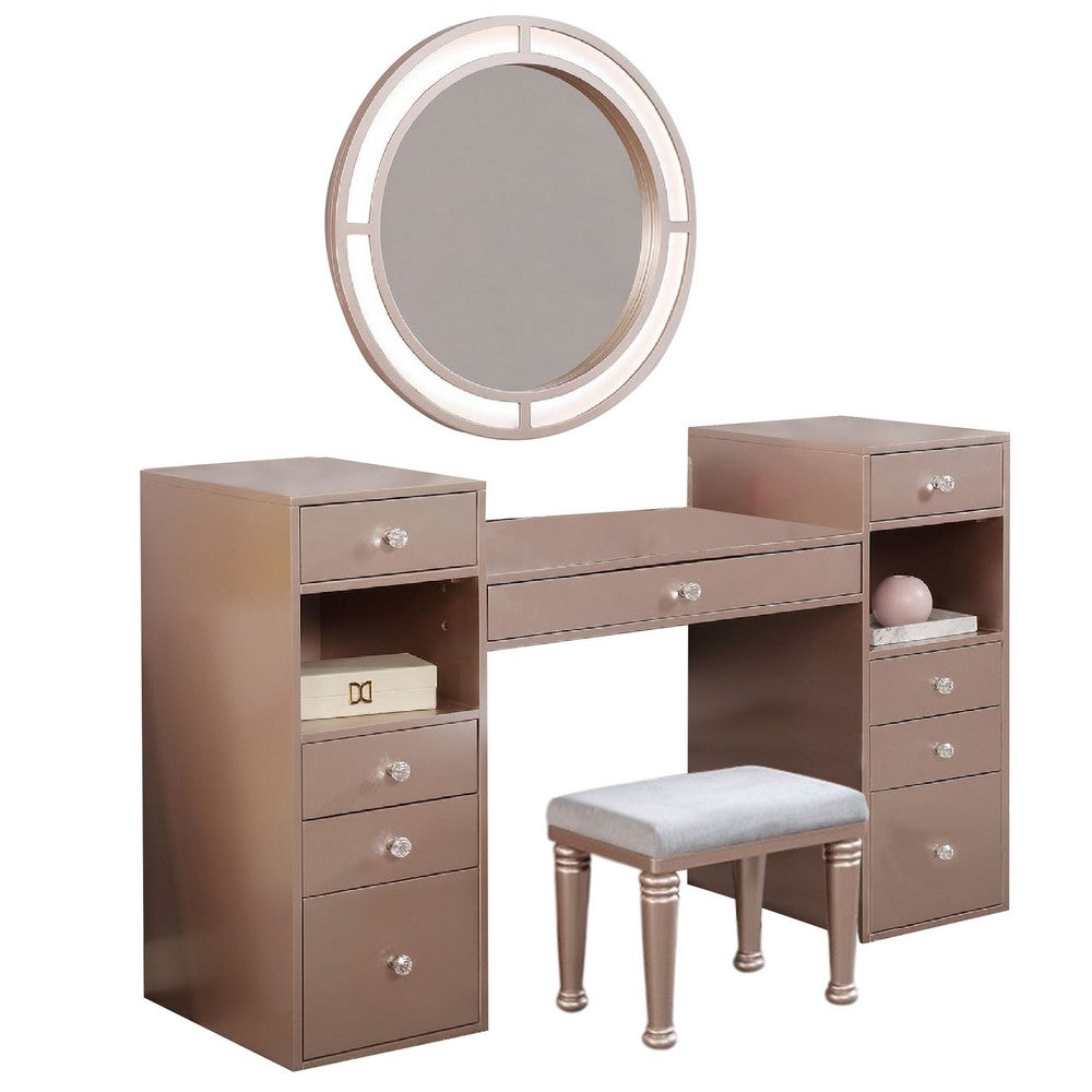Yezy 3pc Vanity LED Mirror Desk Set with Padded Stool, Blush Pink