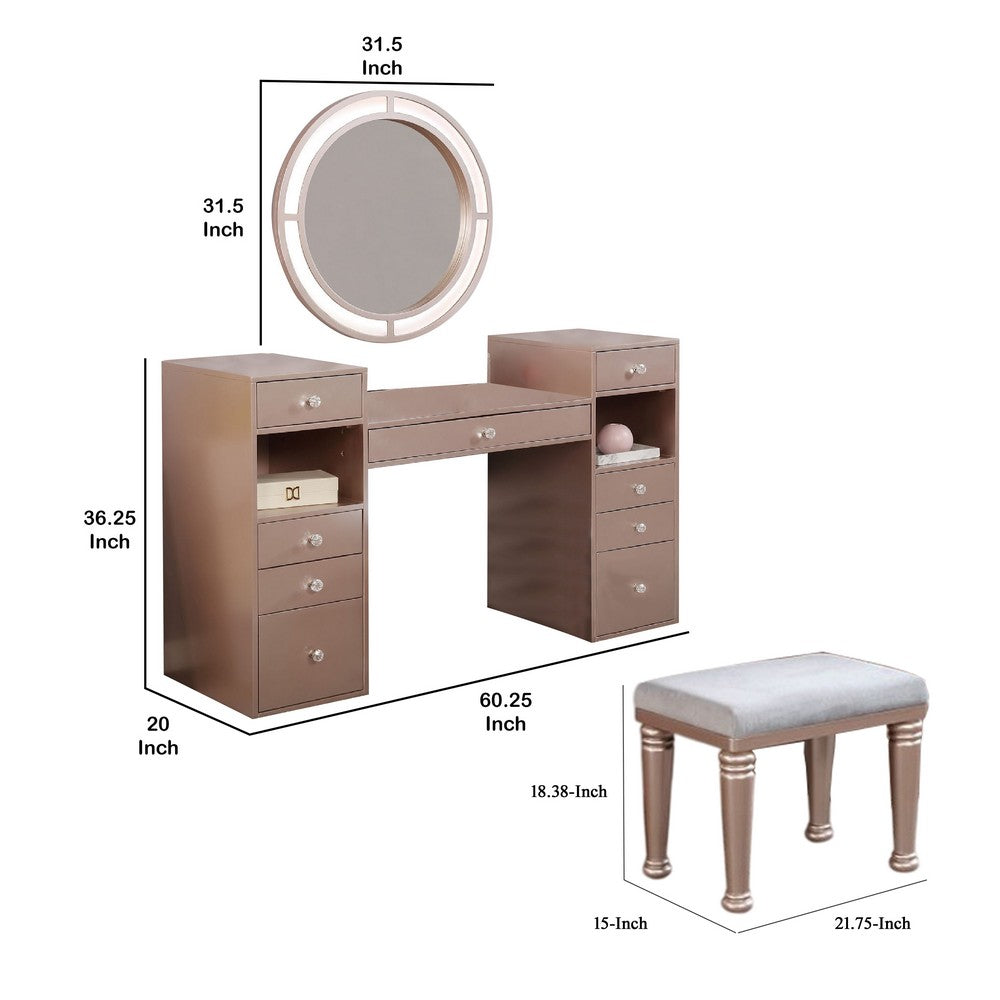 Yezy 3pc Vanity LED Mirror Desk Set with Padded Stool, Blush Pink