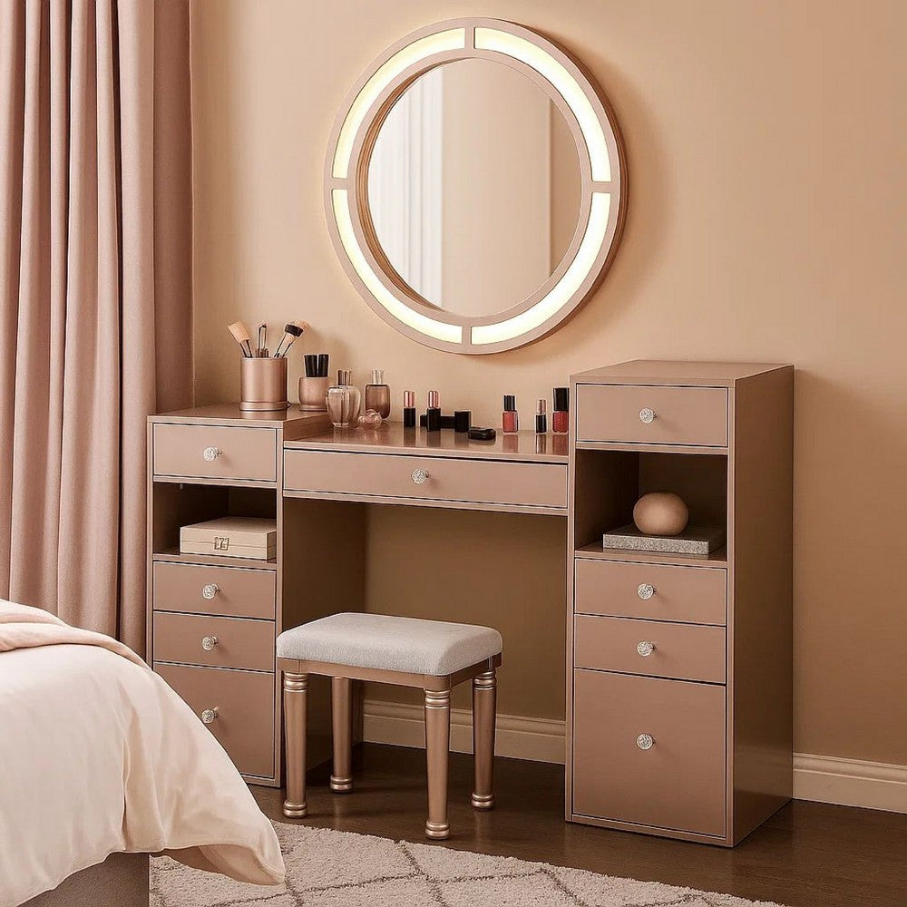 Yezy 3pc Vanity LED Mirror Desk Set with Padded Stool, Blush Pink