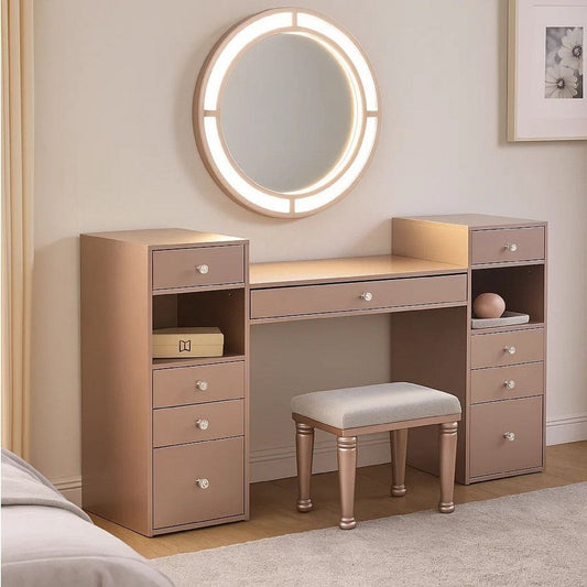 Yezy 3pc Vanity LED Mirror Desk Set with Padded Stool, Blush Pink