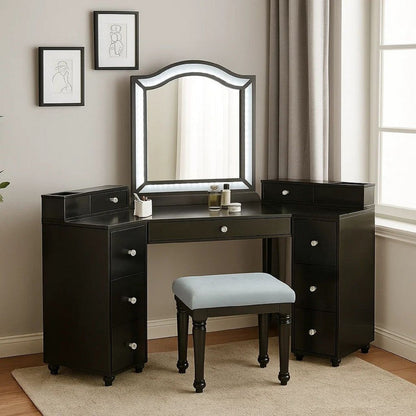 Gena 3pc Vanity Set with Stool, Glass Top Table, LED Mirror, Obsidian Gray