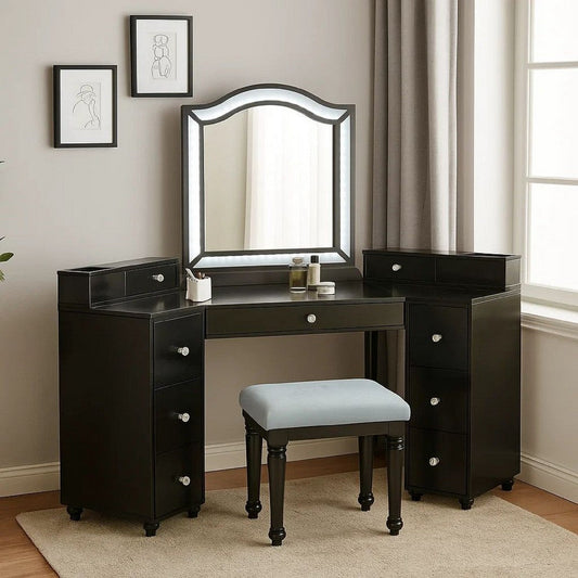 Gena 3pc Vanity Set with Stool, Glass Top Table, LED Mirror, Obsidian Gray