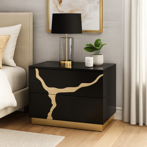 Goldie Nightstand, 2 Drawers, Gold and Black Solid Wood, 28 Inch
