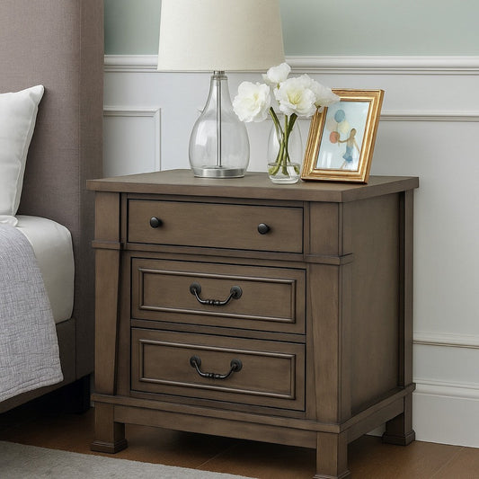 Huder Nightstand, 3 Drawers, Dark Walnut Brown Wood, Black Metal, 29 Inch