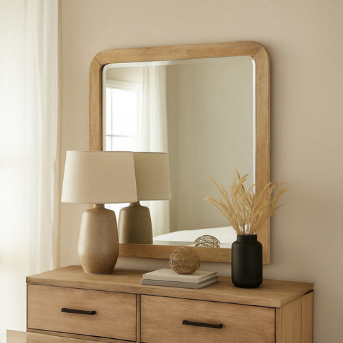 Fel Dresser Mirror, Beveled Glass, Dark Brown Wood Frame, 44x45