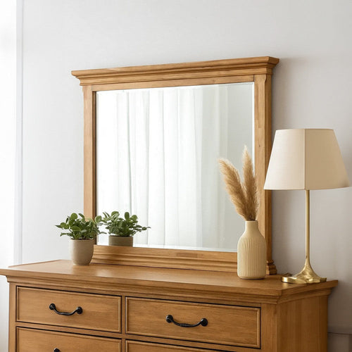 Lexa Dresser Mirror, Bevel Glass, Natural Oak Brown Solid Wood, 38x44