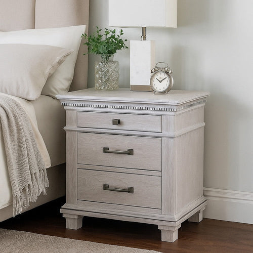 Leyne Nightstand, 3 Drawers, Farmhouse Weathered Gray Solid Wood, 26 Inch