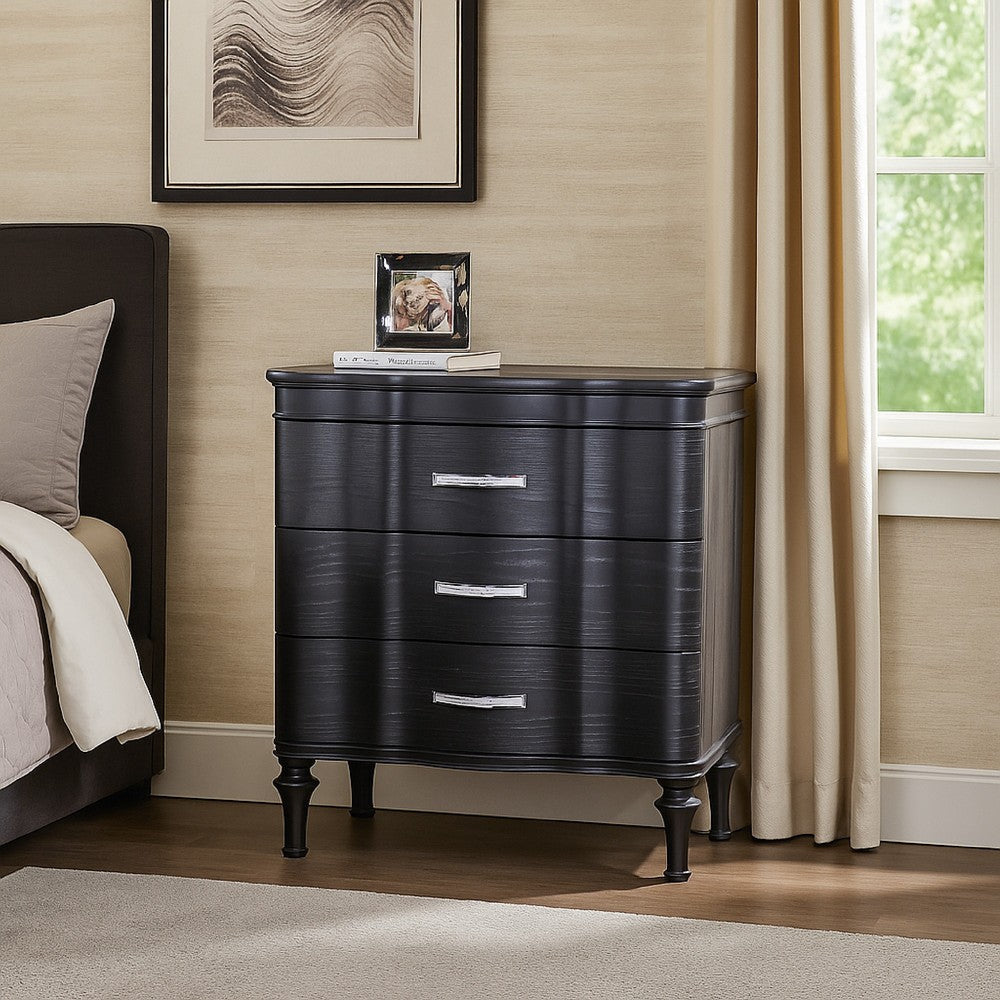 Eleena Nightstand, 3 Drawers, Black Solid Wood, Metal Handles, 28 Inch